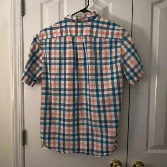 Old Navy Mens Large Blue White Peach Short Sleeve Button Down Shirt - Picture 2 of 5